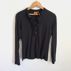 Tory Burch Ruffle Top Blouse Women Size Medium Black Long Sleeve Runs Small Flaw